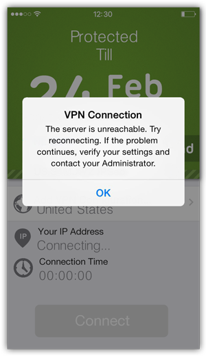 The server is unreachable. Try reconnecting. If the problem continuous, verify your settings and contact your Administrator